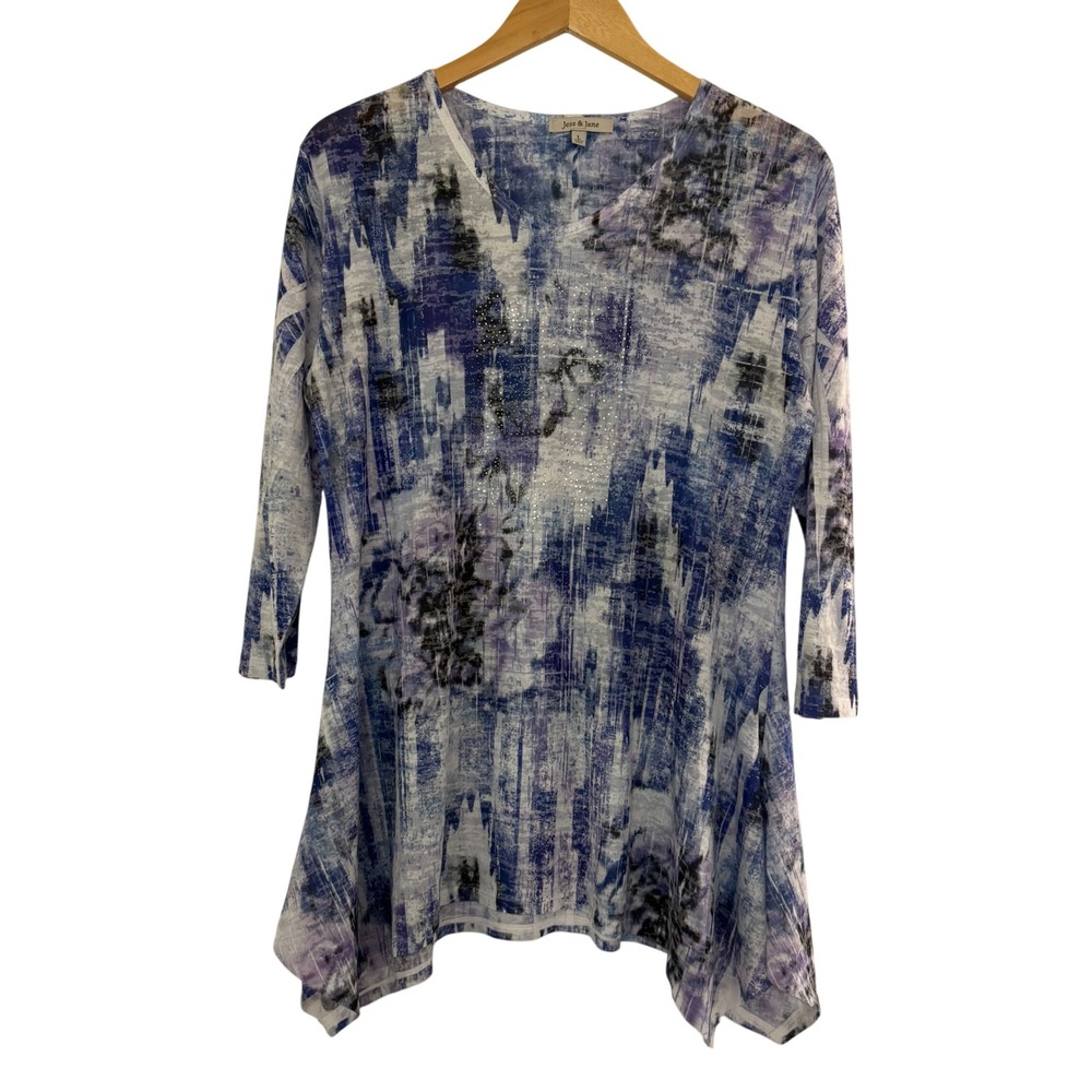 Jess‎ & Jane Blue Purple Abstract Burnout Rhinestone Sharkbite Tunic Top Large